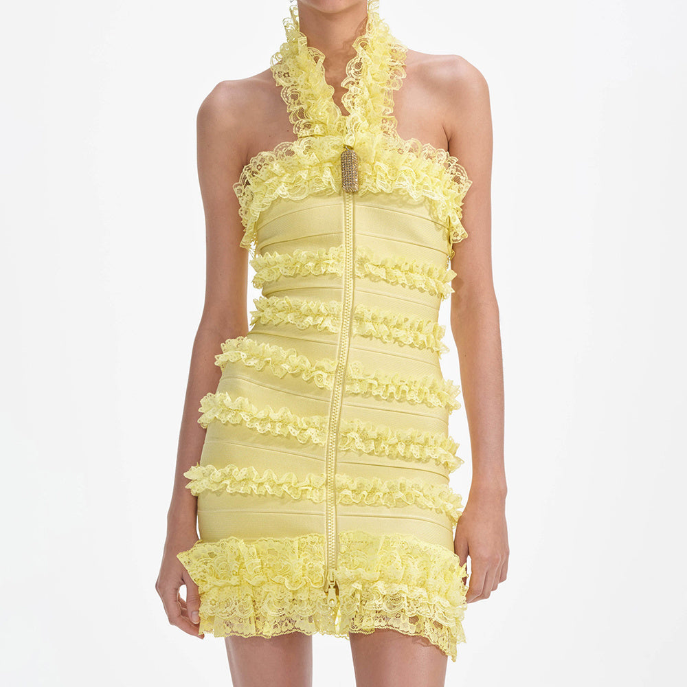 Halter Lace Ruffle Dress Yellow HV2383
