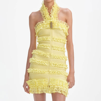 Halter Lace Ruffle Dress Yellow HV2383