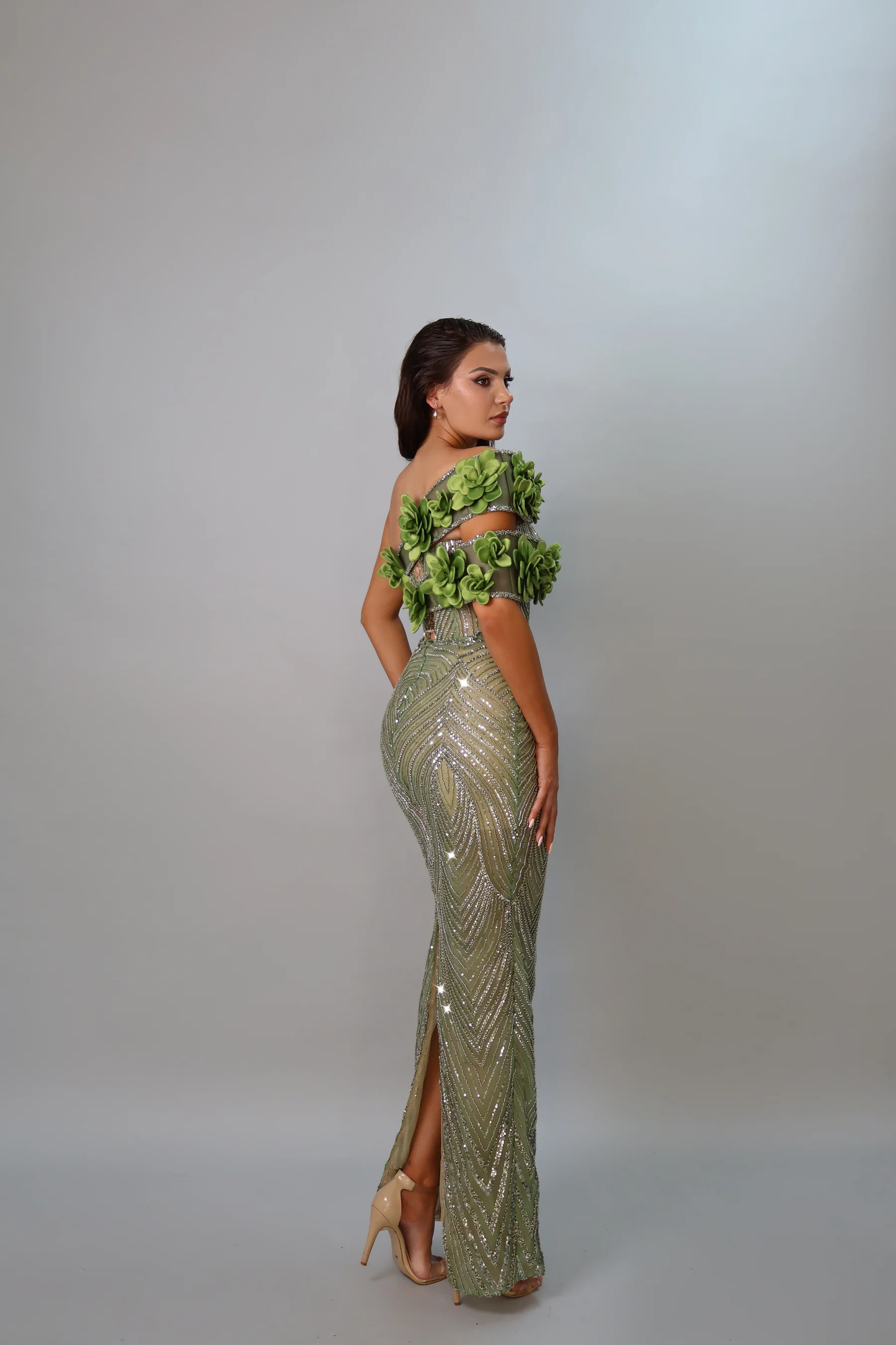 Floral Bardot Sequin Maxi Dress Green HV2400