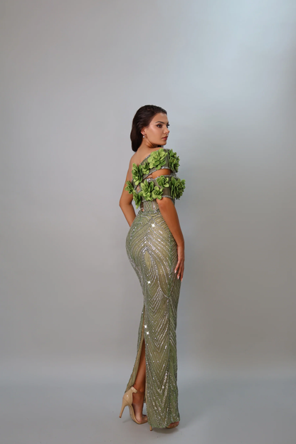 Floral Bardot Sequin Maxi Dress Green HV2400