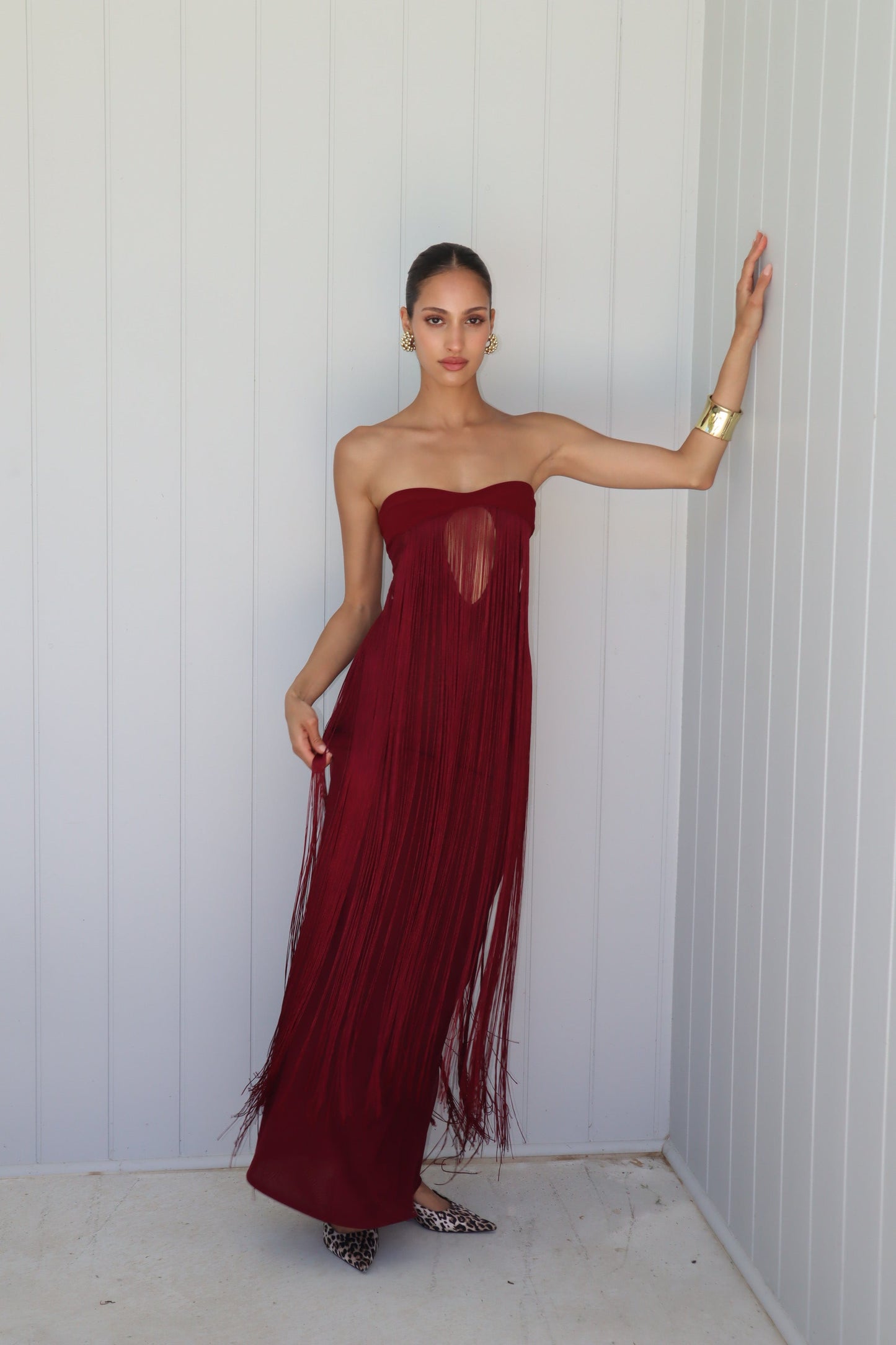 Strapless Tassel Maxi Dress Burgundy HV2688