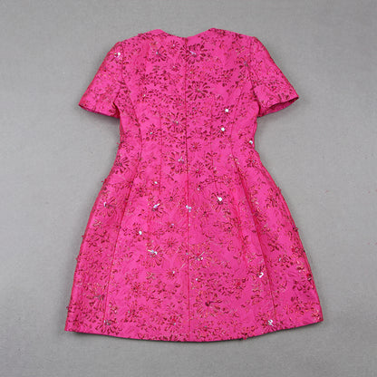 Short Sleeve Floral Sequin Dress Hot Pink HV1309