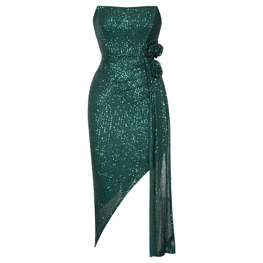 Strapless Draped Sequin Dress Green HV9410