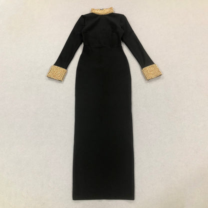 Long Sleeve Embellished Backless Maxi Dress Black HV1739