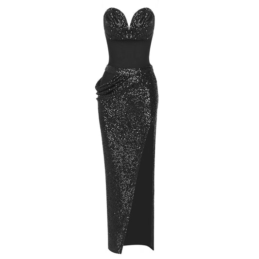 Strapless Sequin Two Piece Maxi Dress Black HV9217