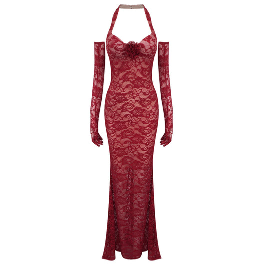 Halter Floral Lace Maxi Dress Burgundy HV1500