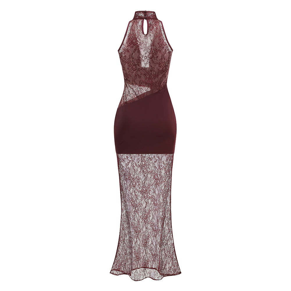 Lace Insert Draped Detail Maxi Dress Burgundy HV3215