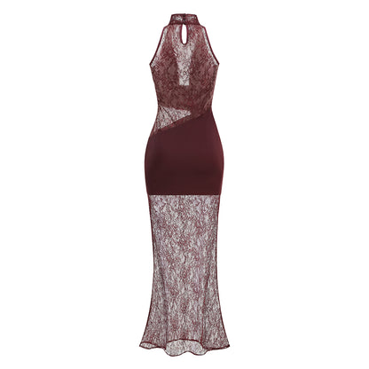 Lace Insert Draped Detail Maxi Dress Burgundy HV3215