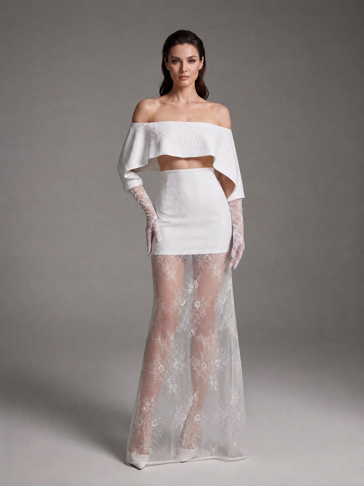 Lace Glove Sleeves Bardot Maxi Dress White HV3235