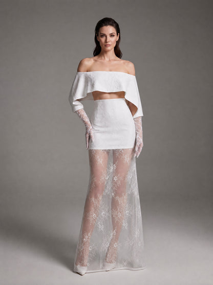 Lace Glove Sleeves Bardot Maxi Dress White HV3235