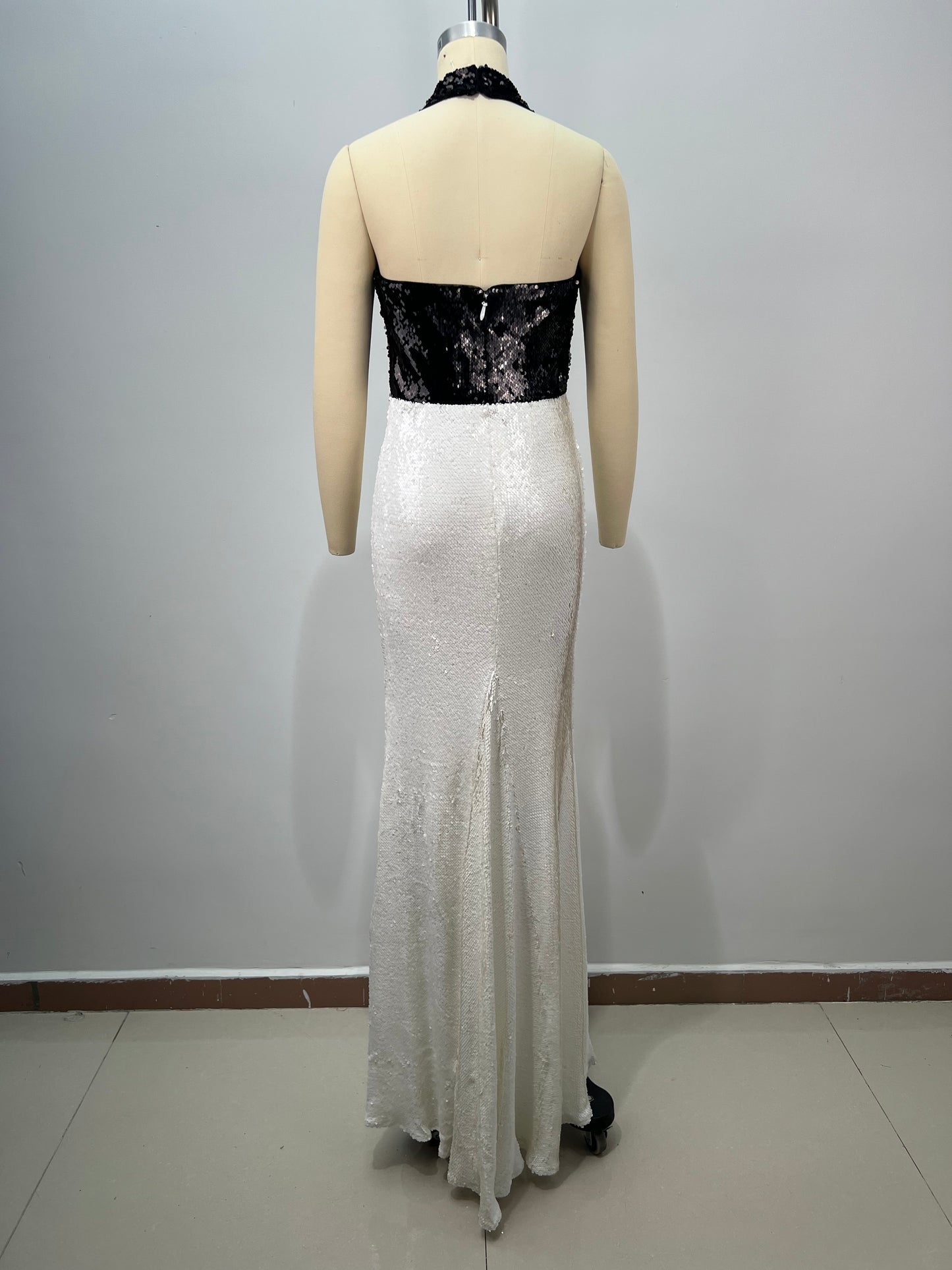 Halter Crystal Detail Sequin Maxi Dress Black White HV2872