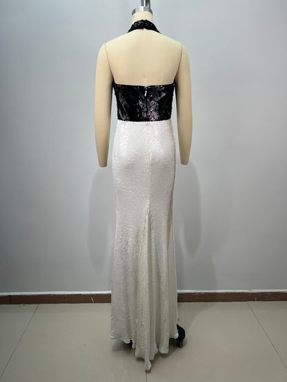 Halter Crystal Detail Sequin Maxi Dress Black White HV2872