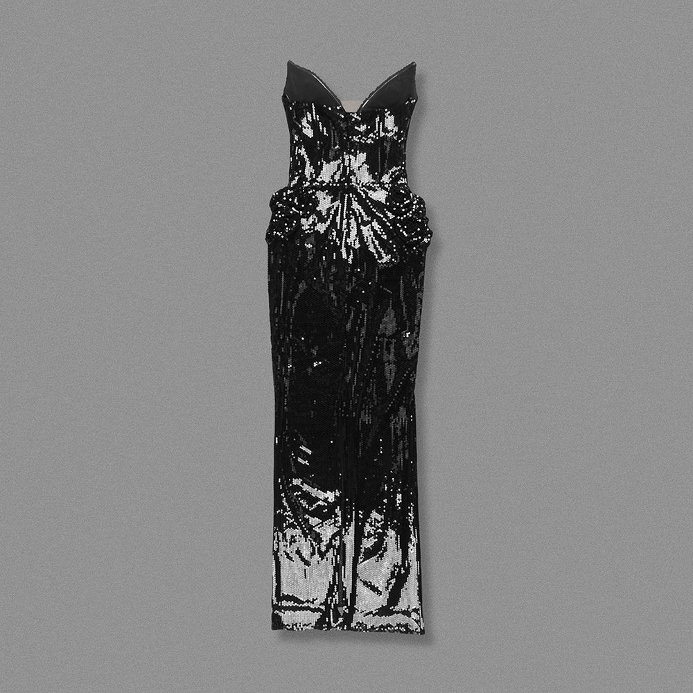 Strapless Sequin Floral Detail Maxi Dress Black HV2063