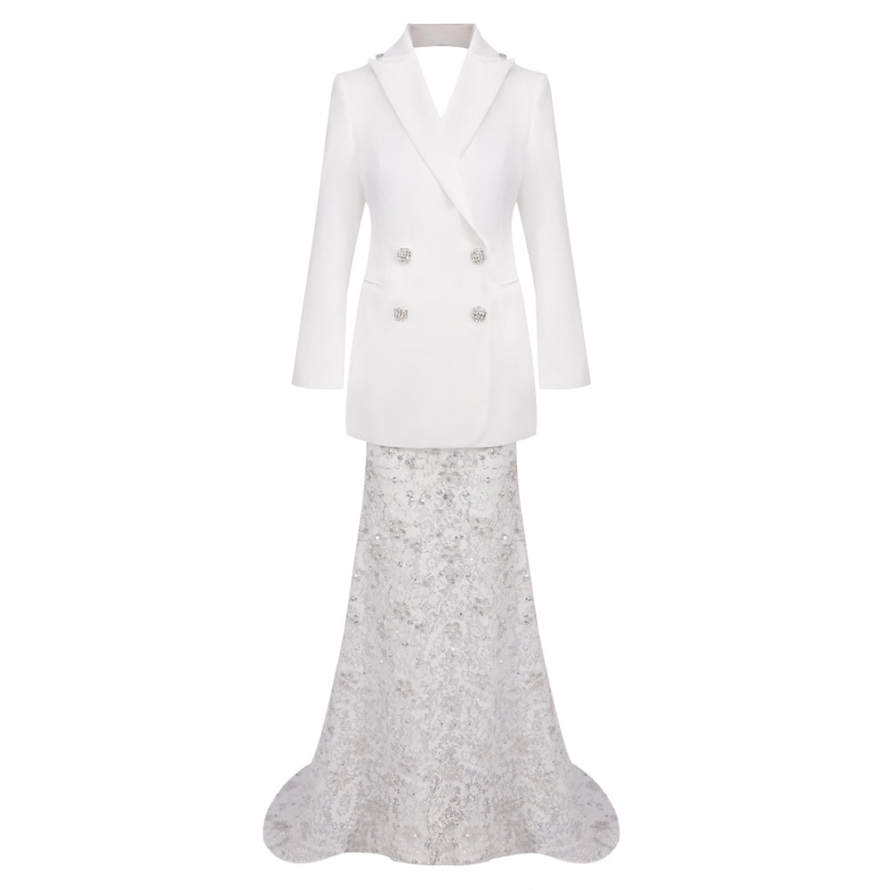 Long Sleeve Blazer Lace Maxi Two Piece Dress White HV2208