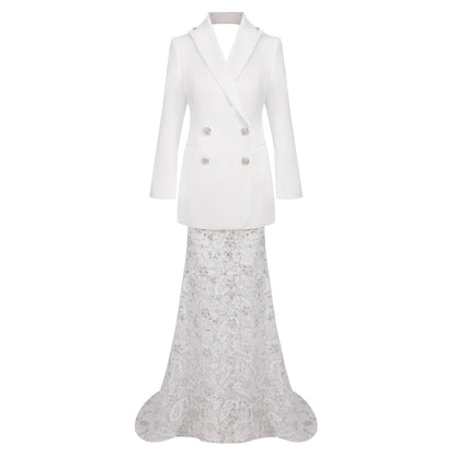 Long Sleeve Blazer Lace Maxi Two Piece Dress White HV2208