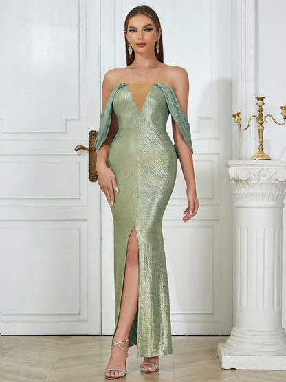 Draped Off Shoulder Maxi Dress Green HV9751