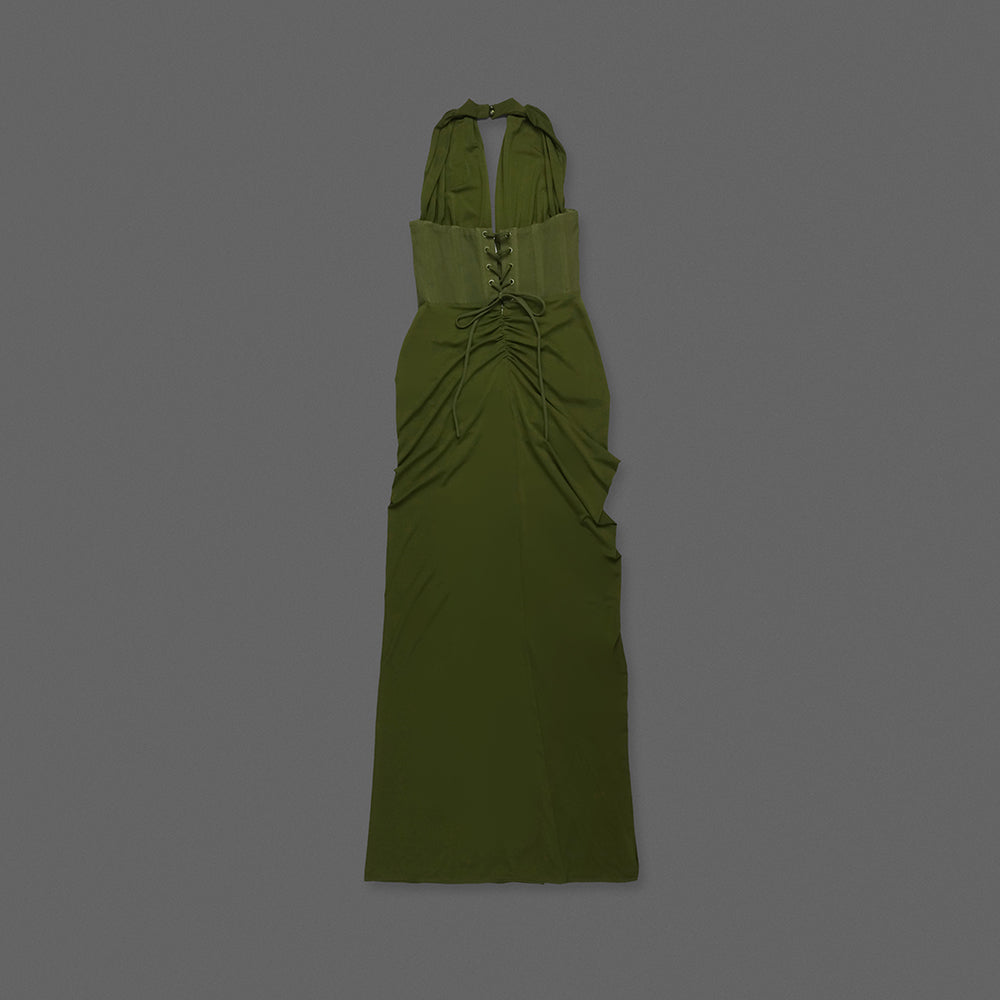 Halter Draped Corset Maxi Dress Green HV0125