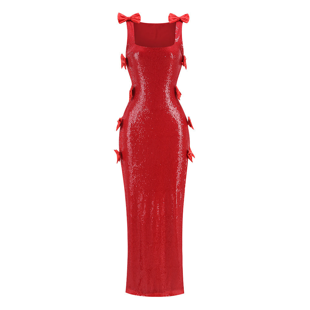 Bow Detail Sequin Maxi Dress สีแดง HV2827