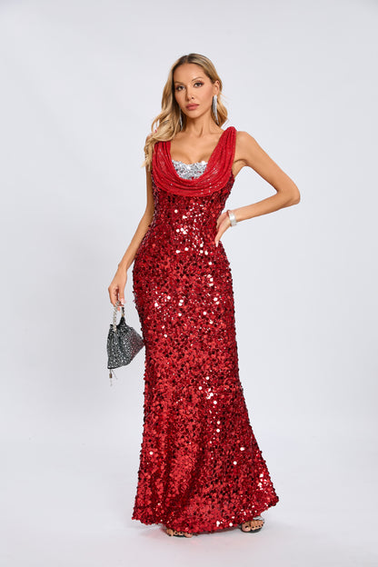 Draped Sequin Maxi Dress Red Silver HV1924