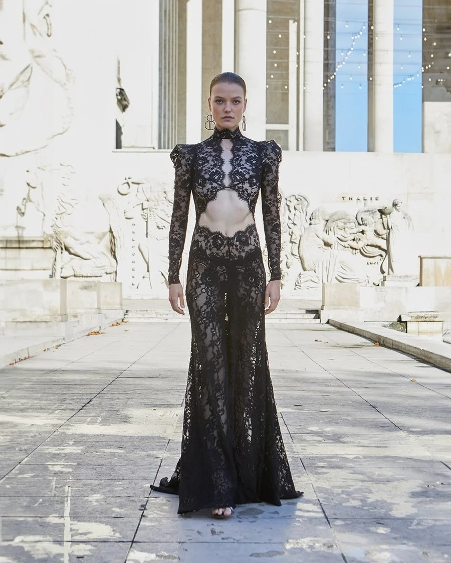 Long Sleeve Cut Out Lace Maxi Dress Black HV2038