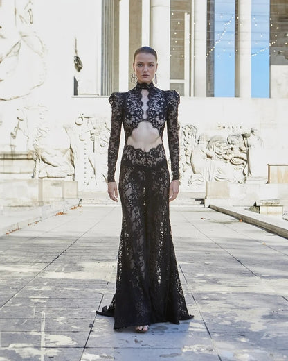 Long Sleeve Cut Out Lace Maxi Dress Black HV2038