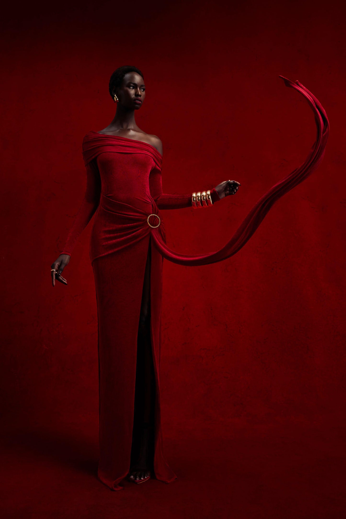 Long Sleeve Draped Bardot Maxi Velvet Dress Red HV2061