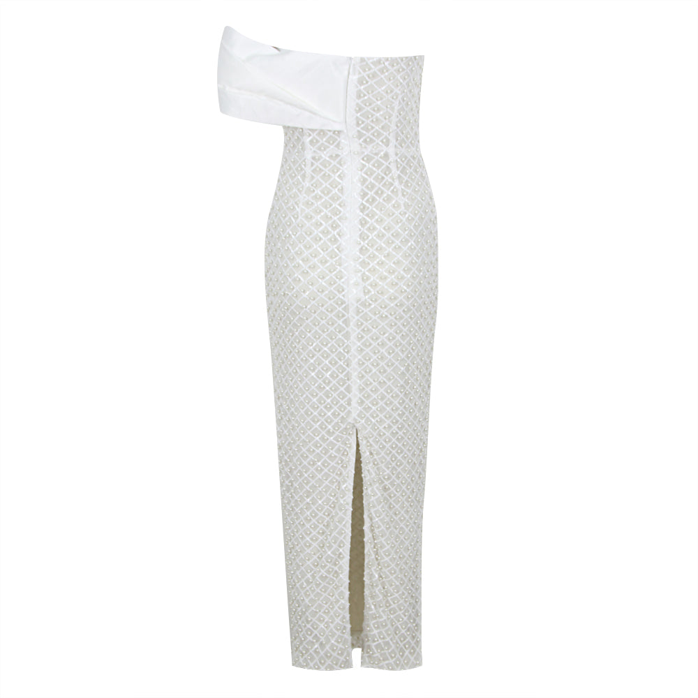 Draped Bardot Pearl Maxi Dress White HV1133