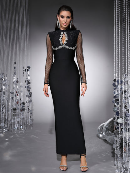 Long Sleeve Crystal Floral Detail Maxi Dress Black HV2842