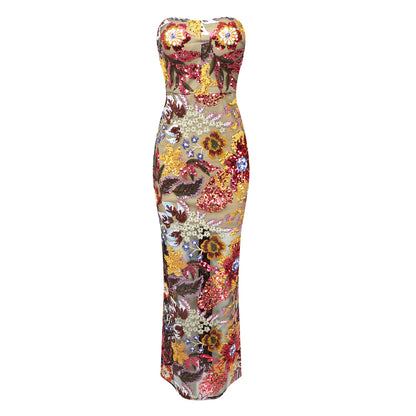 Strapless Floral Sequin Maxi Dress HV9657