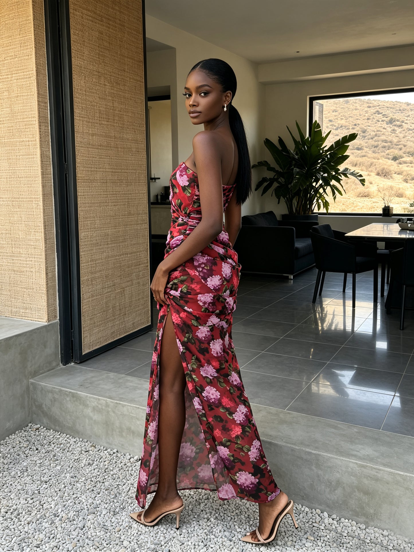 Strapless Draped Floral Maxi Dress Red HV3174
