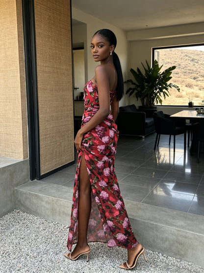 Strapless Draped Floral Maxi Dress Red HV3174