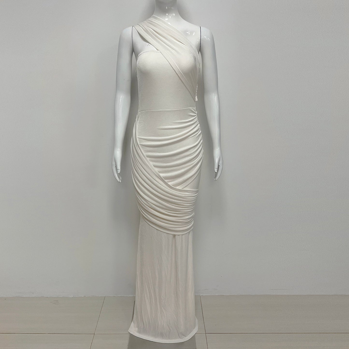 One Shoulder Draped Maxi Dress Ivory HV2829