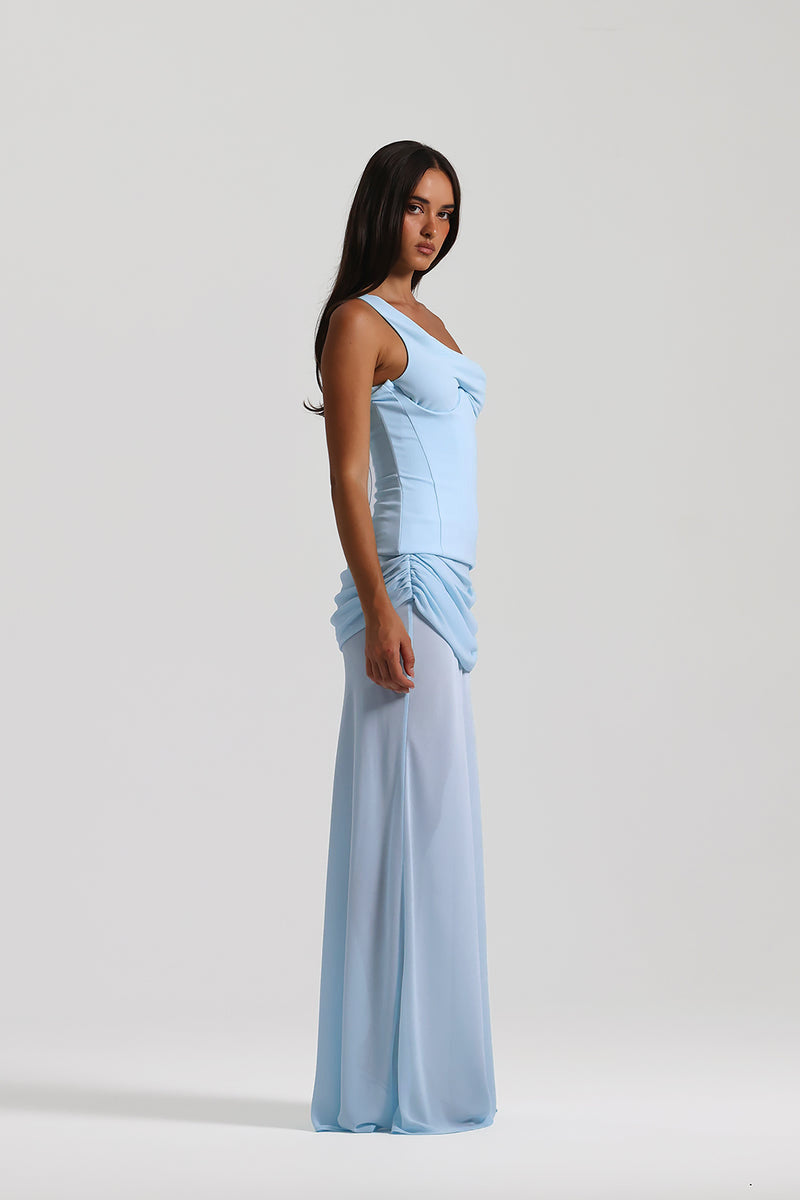 One Shoulder Corset Draped Maxi Dress Blue HV0011
