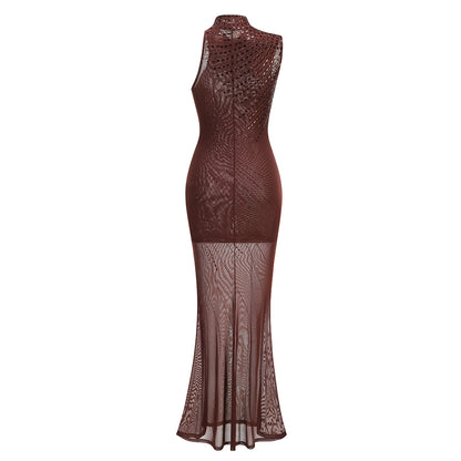 Asymmetric Embellished Maxi Dress Brown HV3200
