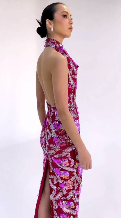 Halter Floral Sequin Midi Dress Hot Pink HV1618