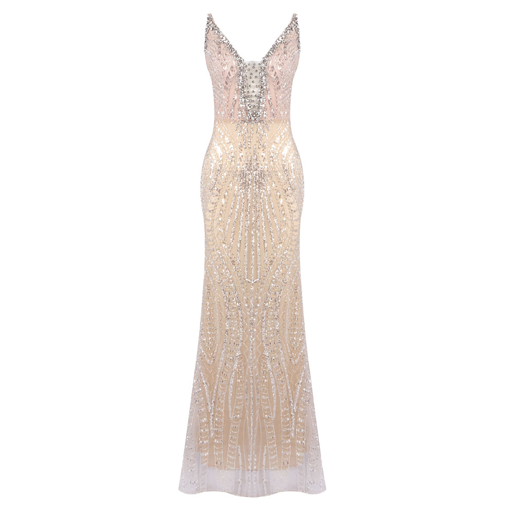 Strapless Crystal Sequin Maxi Dress Nude HV2196