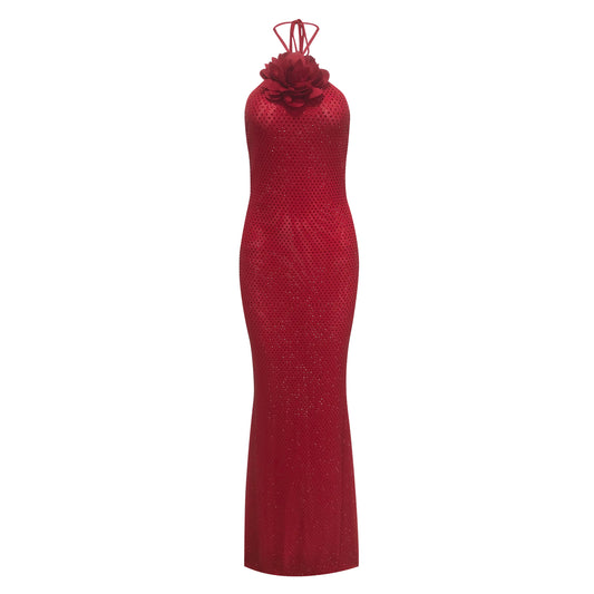Halter Floral Embellished Maxi Dress Red