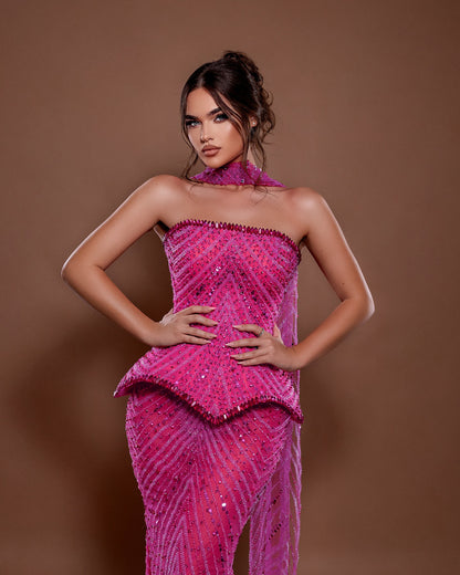Strapless Crystal Sequin Maxi Dress Hot Pink HV2818