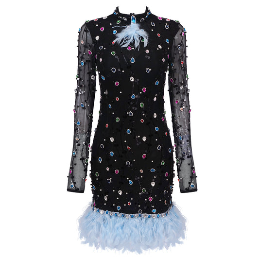 Long Sleeve Embellished Feather Dress Black Blue HV1552