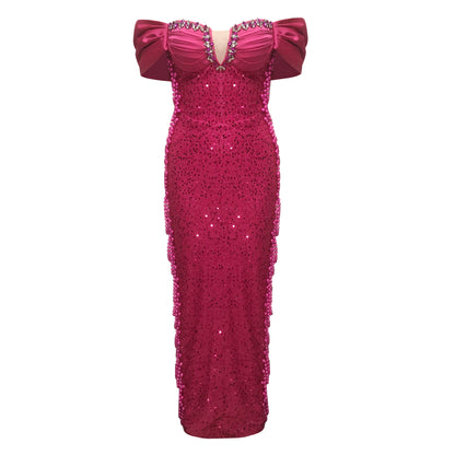 Bardot Crystal Bustier Sequin Maxi Dress Hot Pink HV2296