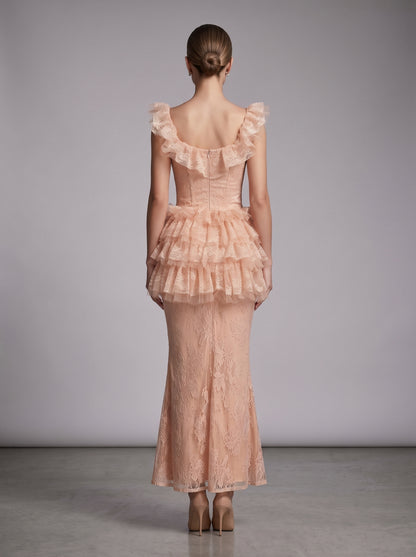 Ruffle Lace Maxi Dress Peach Nude HV3233