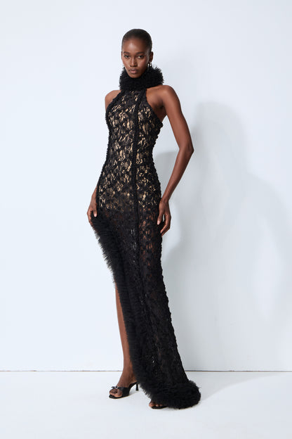 Halter Ruffle Detail Maxi Dress Black HV2685