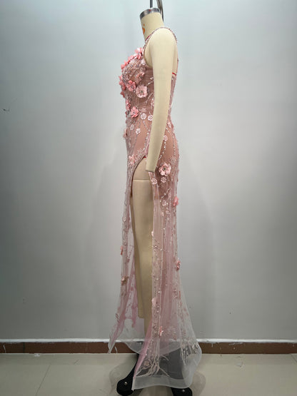 Long Sleeve Floral Sequin Maxi Dress Silver HV1784