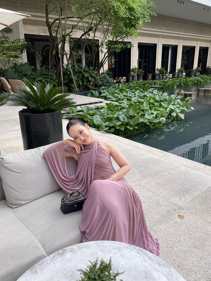 One Sleeve Draped A Line Maxi Dress Pink HV2683