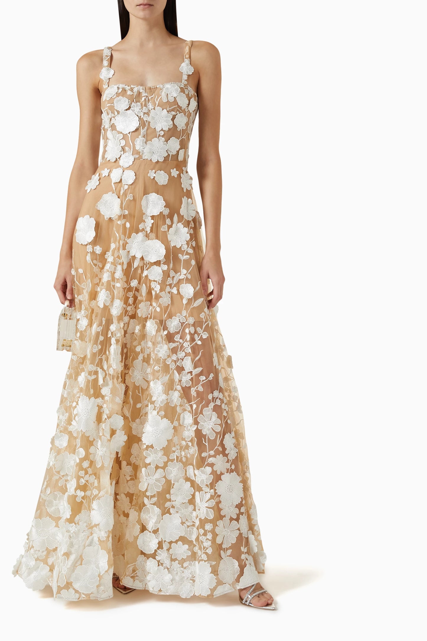 Floral Embroidered Maxi Dress White Nude HV1501