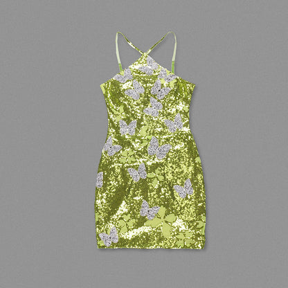 Halter Sequin Butterflies Dress Green HV1655