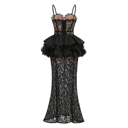 Lace Peplum Maxi Dress Black HV3202