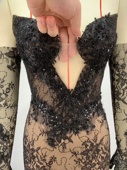 Strapless Sequin Lace Maxi Dress Black