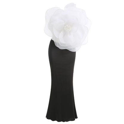 One Shoulder Flower Corset Maxi Dress Black White HV1448