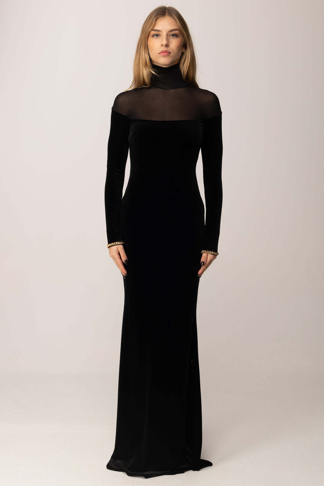 Long Sleeve Mesh Insert Maxi Velvet Dress Black HV0055
